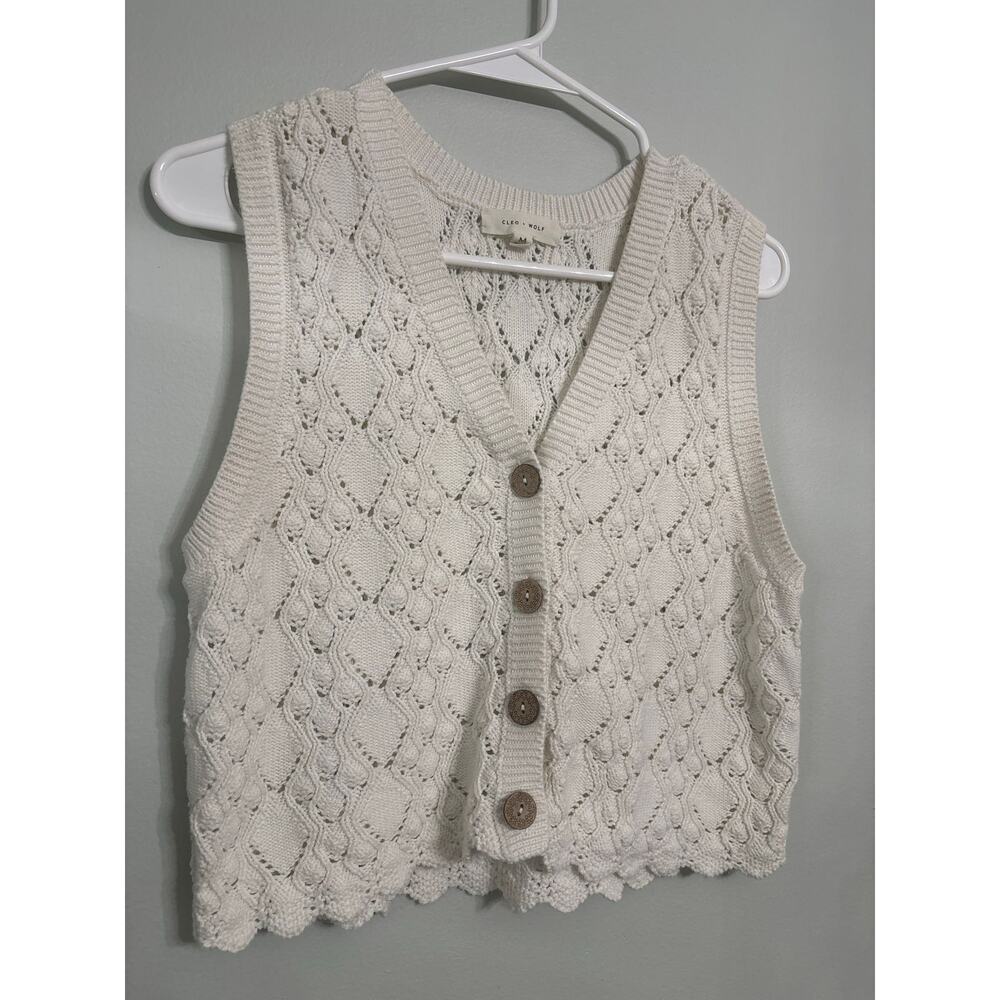 Cleo + Wolf Cream Knit Sweater Vest Button Front Scalloped Hem Size M